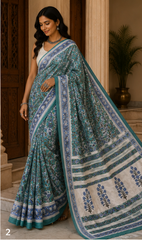 Pure Steel Blue Handblock Ajrakh Print Modal Silk Saree