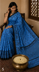 Pure Royal Blue Handblock print Ajrakh Modal Silk Saree