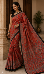 Pure Rust Red Handblock Ajrakh Print Modal Silk Saree