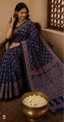 Pure Dark Blue Handblock Ajrakh Print Modal Silk Saree