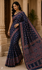 Pure Dark Blue Handblock Ajrakh Print Modal Silk Saree