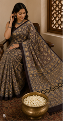 Pure Charcoal Grey Handblock Ajrakh Print Modal Silk Saree