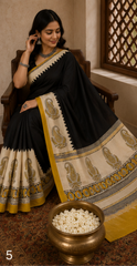 Pure Jet Black Handblock Ajrakh Print Modal Silk Saree