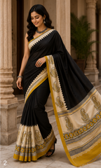Pure Jet Black Handblock Ajrakh Print Modal Silk Saree