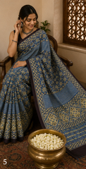 Pure Indigo Blue Handblock Ajrakh Print Modal Silk Saree