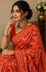 Pure Scarlet Red Handblock Ajrakh Print Modal Silk Saree