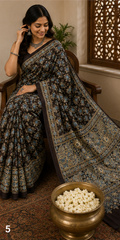 Pure Greyish Black Handblock Ajrakh Print Modal Silk Saree