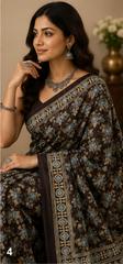 Pure Greyish Black Handblock Ajrakh Print Modal Silk Saree