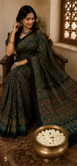 Pure Emerald Green Handblock Ajrakh Print Modal Silk Saree