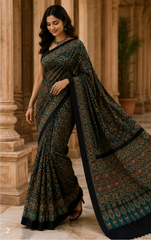 Pure Emerald Green Handblock Ajrakh Print Modal Silk Saree