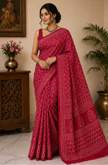 Pure Rani Pink Handblock Ajrakh Print Modal Silk Saree