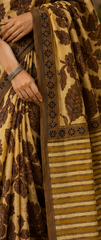 Pure Beige Brown Handblock Ajrakh Print Modal Silk Saree