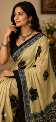 Pure Cream Art Handblock Ajrakh Print Modal Silk Saree