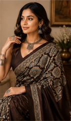 Pure Beige Grey handblock Ajrakh Print Modal Silk Saree