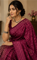 Pure Burgundy Handblock Ajrakh Print Modal Silk Saree