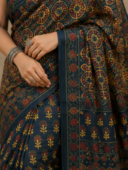 Pure Bold Black Handblock Ajrakh Print Modal Silk Saree