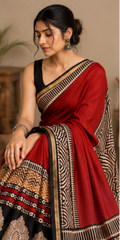 Pure Red Block Print Chanderi Silk Saree