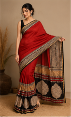 Pure Red Block Print Chanderi Silk Saree