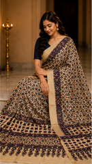 Pure Beige Handblock Ajrakh Print Mirror work Modal Silk Saree
