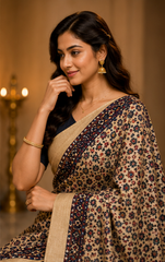Pure Beige Handblock Ajrakh Print Mirror work Modal Silk Saree
