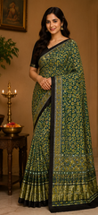 Pure Moss Green Handblock Print Mirror work Modal Silk Saree