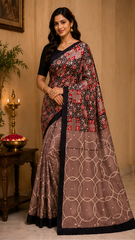 Pure Earthy Brown Handblock Print Mirror Work Modal Silk Saree