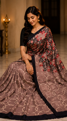 Pure Earthy Brown Handblock Print Mirror Work Modal Silk Saree