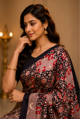 Pure Earthy Brown Handblock Print Mirror Work Modal Silk Saree