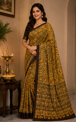 Pure Mustard Yellow Handblock Print Mirror work Modal Silk Saree