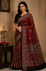 Pure Maroon Handblock Print Mirror Work Modal Silk Saree