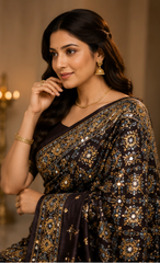 Pure Black Handblock Print Mirror Work Modal Silk Saree