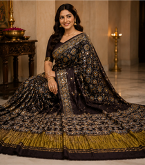 Pure Black Handblock Print Mirror Work Modal Silk Saree