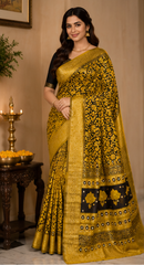 Pure Ochre Yellow Handblock Print Mirror Work Modal Silk Saree