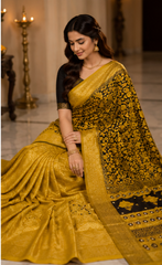 Pure Ochre Yellow Handblock Print Mirror Work Modal Silk Saree