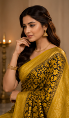 Pure Ochre Yellow Handblock Print Mirror Work Modal Silk Saree