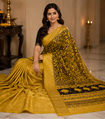 Pure Ochre Yellow Handblock Print Mirror Work Modal Silk Saree