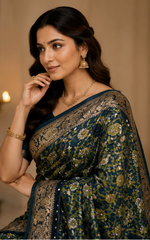 Pure Bottle Green Handblock Print Mirror Work Modal Silk Saree