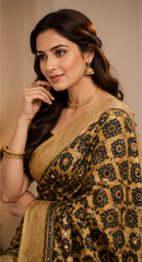 Pure Antique Gold Handblock Print Mirror Work Modal Silk Saree