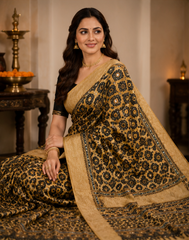 Pure Antique Gold Handblock Print Mirror Work Modal Silk Saree