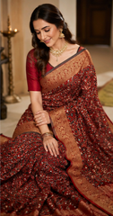 Pure Mahogany Brown Handblock Print Mirror Work Modal Silk Saree