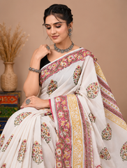 Pure Off-White Handblock Print Cotton Mulmul Saree