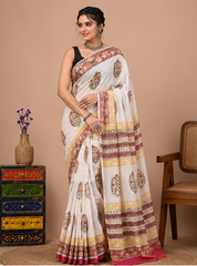 Pure Off-White Handblock Print Cotton Mulmul Saree