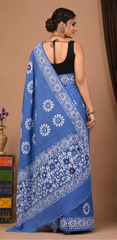 Pure Sky Blue handblock Print Cotton Mulmul Saree