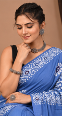 Pure Sky Blue handblock Print Cotton Mulmul Saree