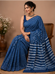 Pure Indigo Blue Handblock Print Cotton Mulmul Saree
