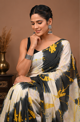 Pure White-Black Handblock Print Cotton Mulmul Saree