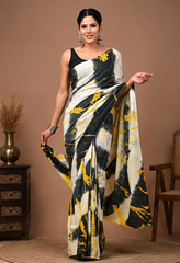 Pure White-Black Handblock Print Cotton Mulmul Saree