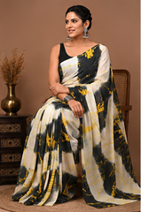 Pure White-Black Handblock Print Cotton Mulmul Saree
