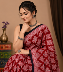 Pure Red Squares Handblock Print Cotton Mulmul Saree