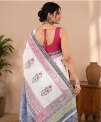 Pure White Handblock Print Cotton Mulmul Saree